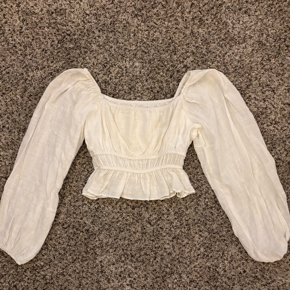 PULL&BEAR White Smocked Crop Blouse with Long Sleeves